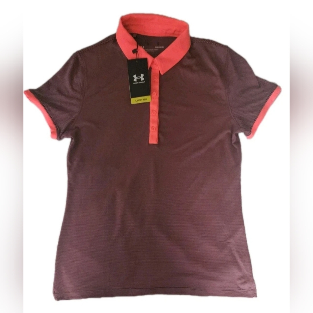 Under Armour shirt women's medium pink stripe golf polo top NEW